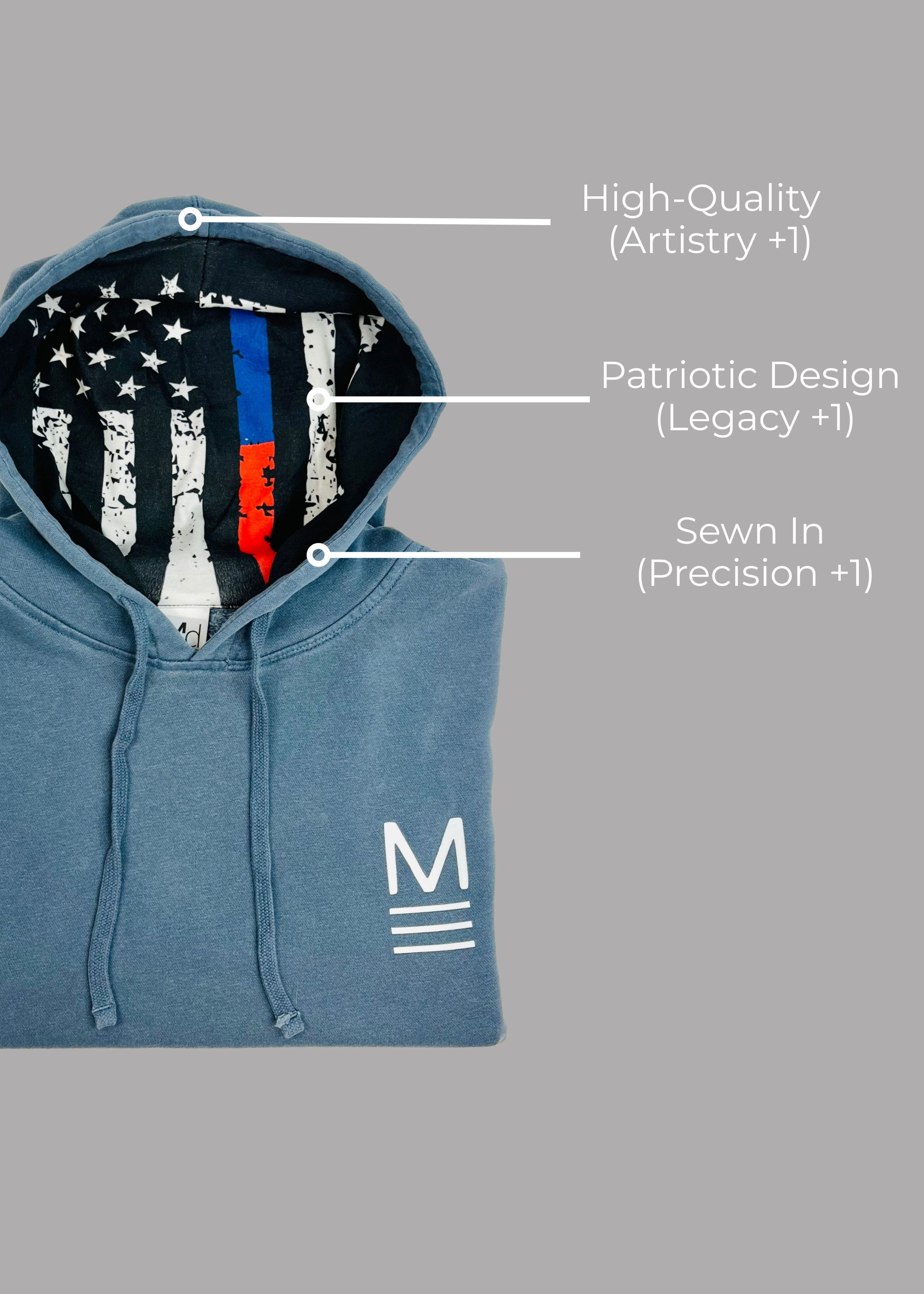 Blue hoodie with a patriotic design on the hood against a gray background