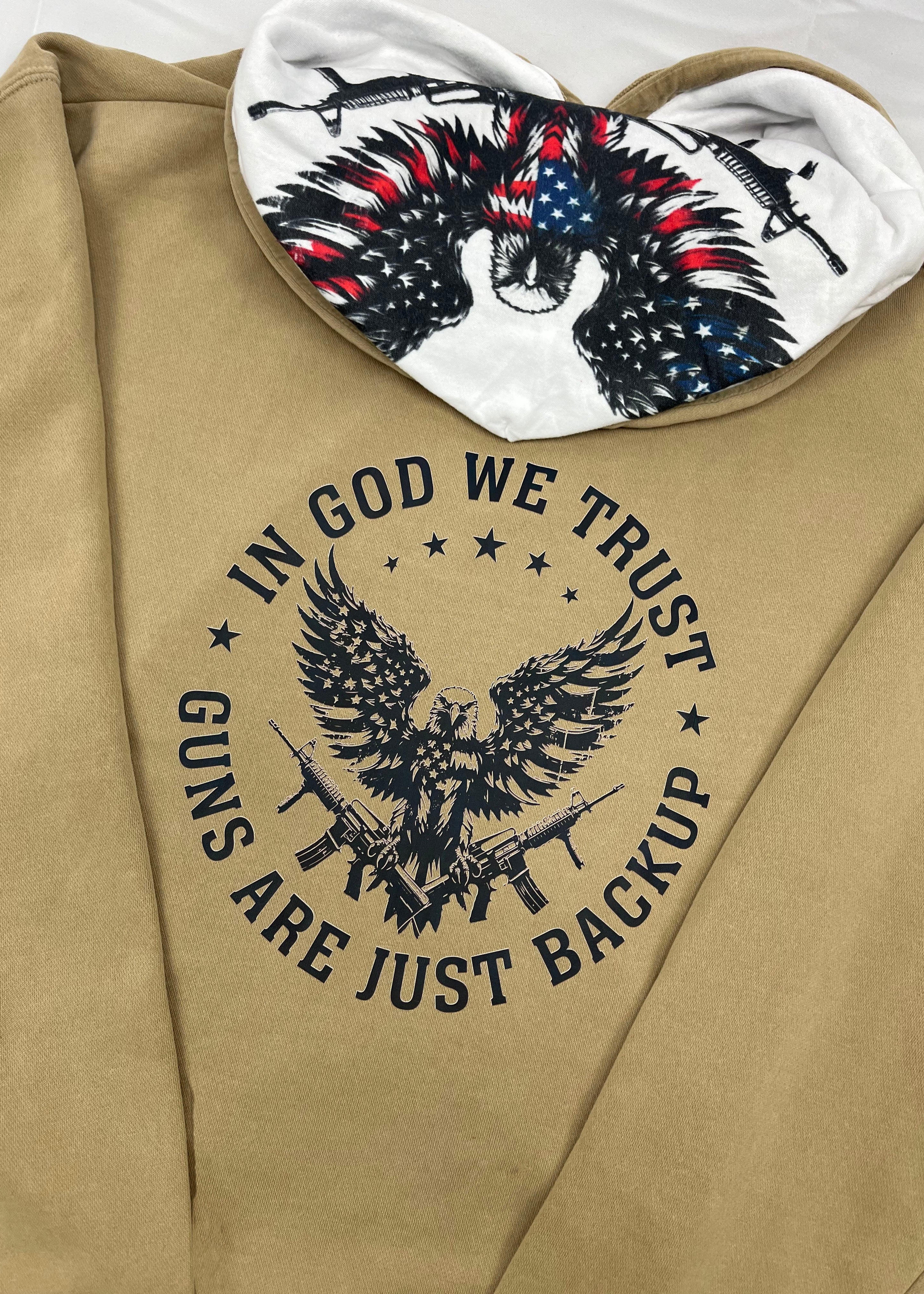 Guardian Grit Hoodie back detail close-up showing premium construction and patriotic message