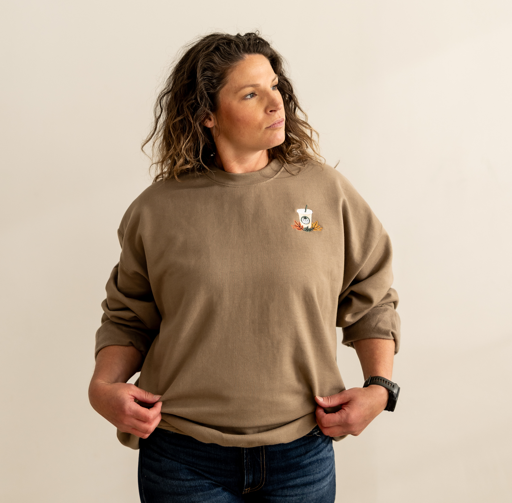 Iced Coffee Fall Leaves | Crewneck Sweatshirt | Embroidered