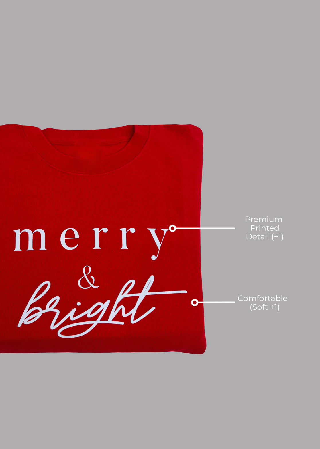 Red shirt with 'merry & bright' text on a gray background