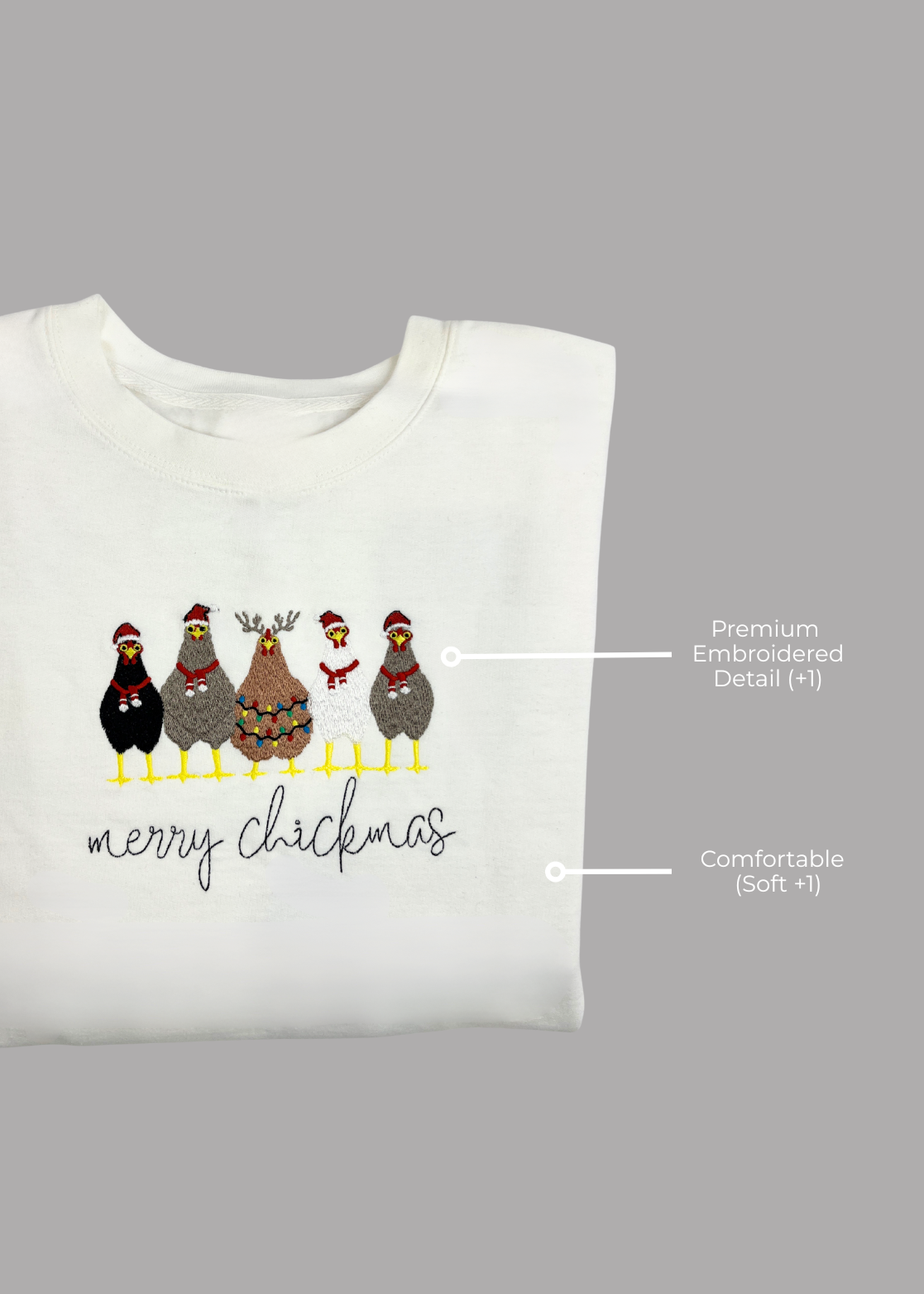 White sweatshirt with Christmas-themed design of chickens and text on a gray background