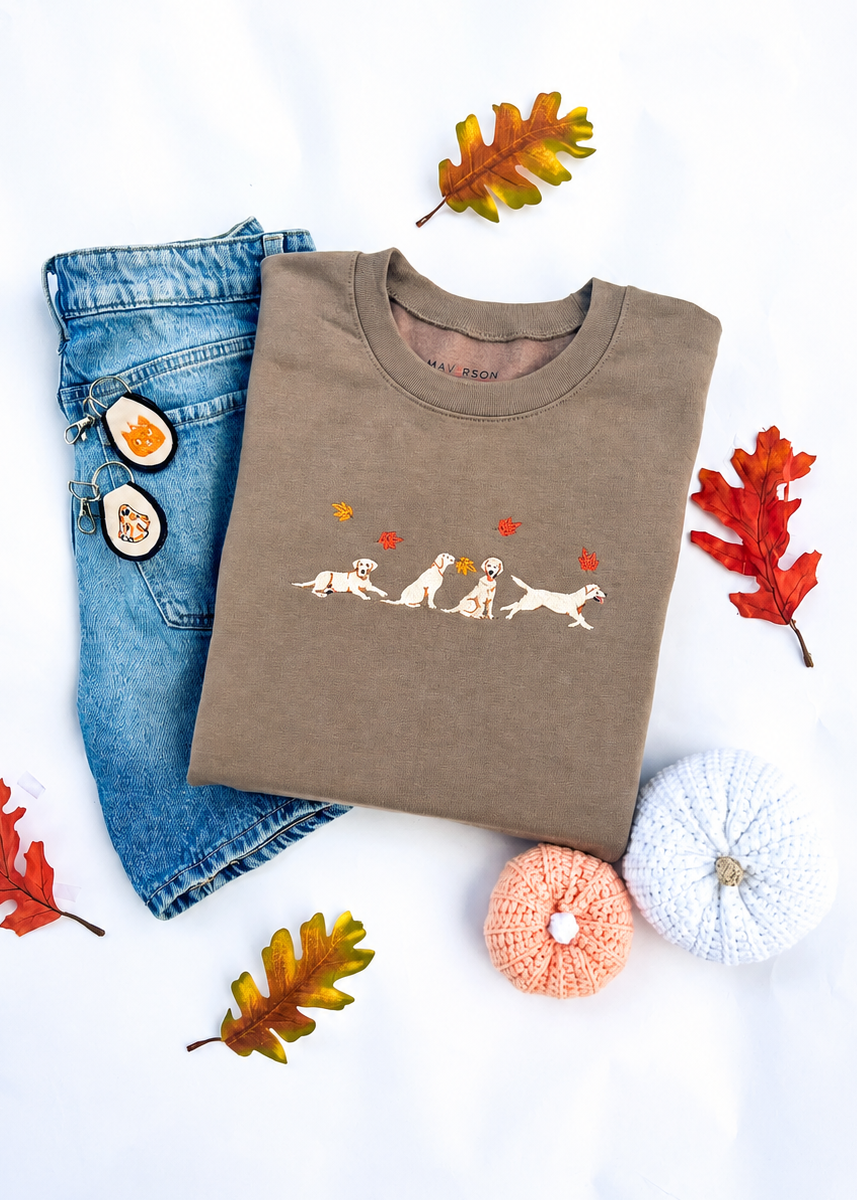 Folded brown sweatshirt with dog design, blue jeans, and fall leaves on a white background