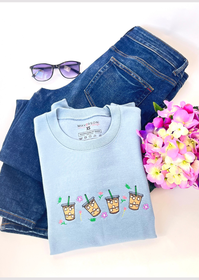 light blue crewneck sweatshirt w/ embroidery coffee flowers