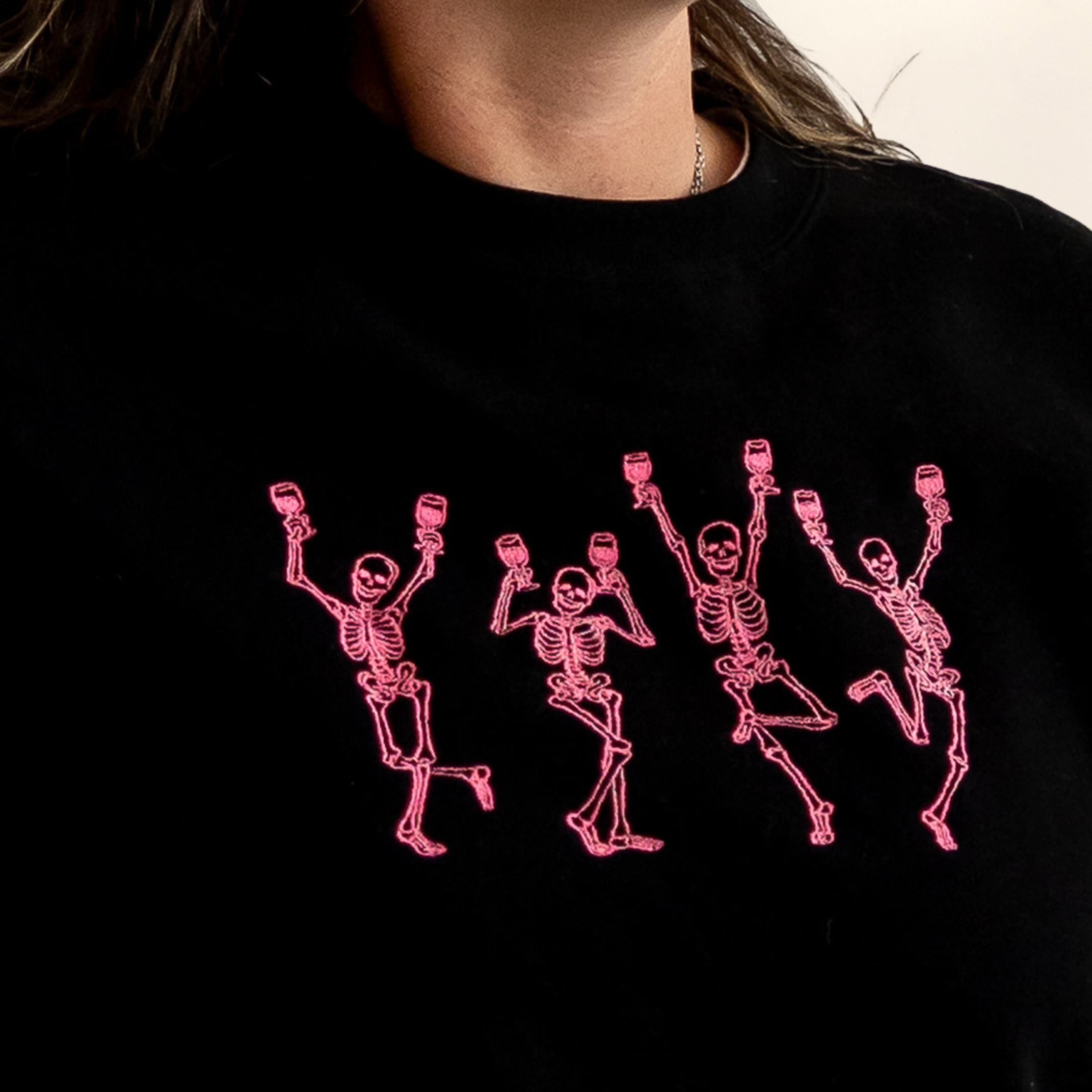 Wine & Bones | Pink Skeleton's | Embroidered Crewneck Sweatshirt