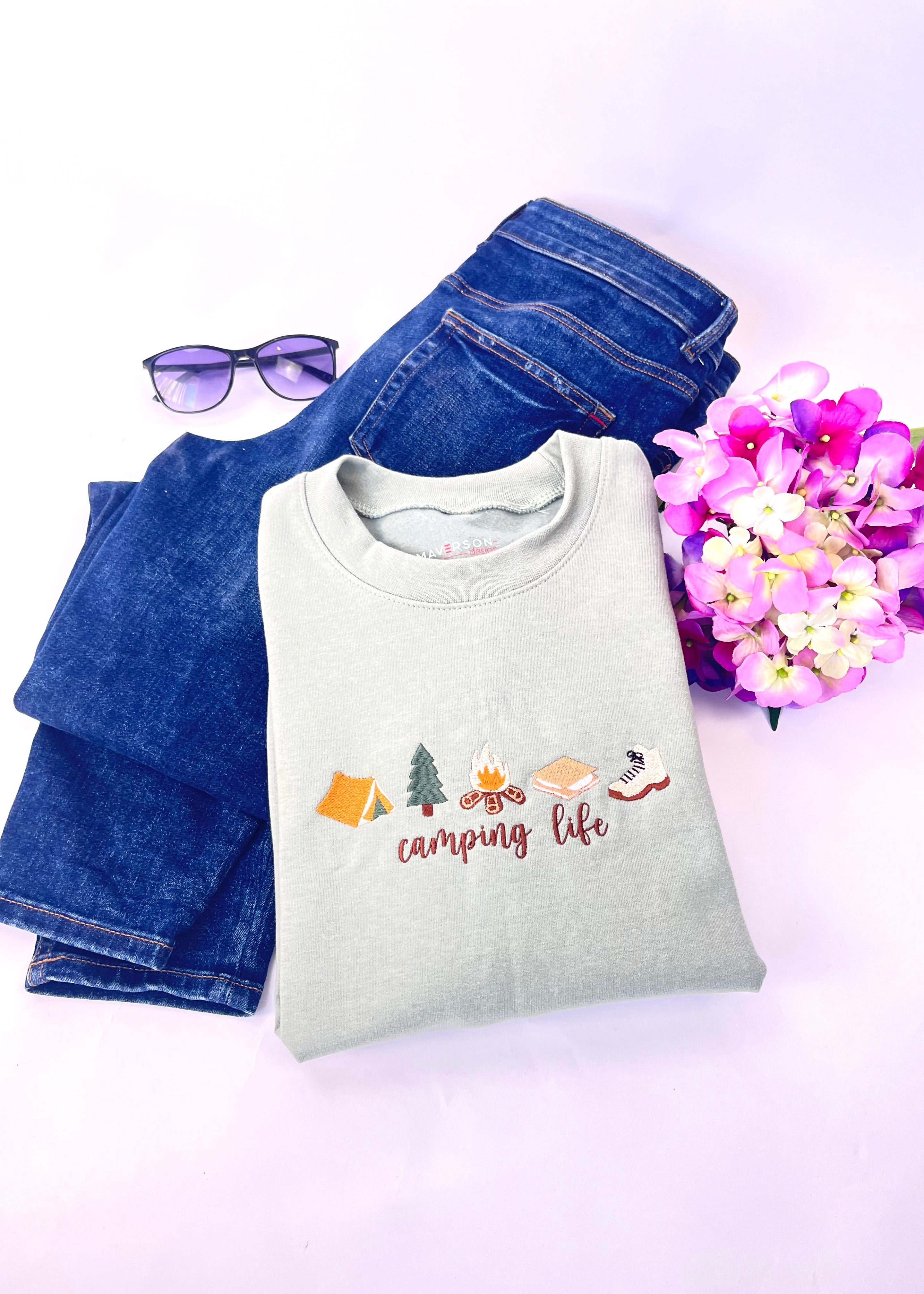 sage green crewneck sweatshirt camping life camping things embroidery