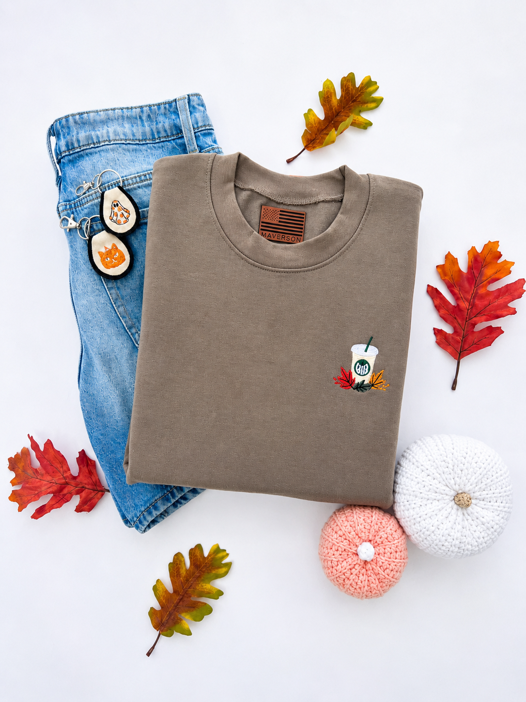 Iced Coffee Fall Leaves | Crewneck Sweatshirt | Embroidered