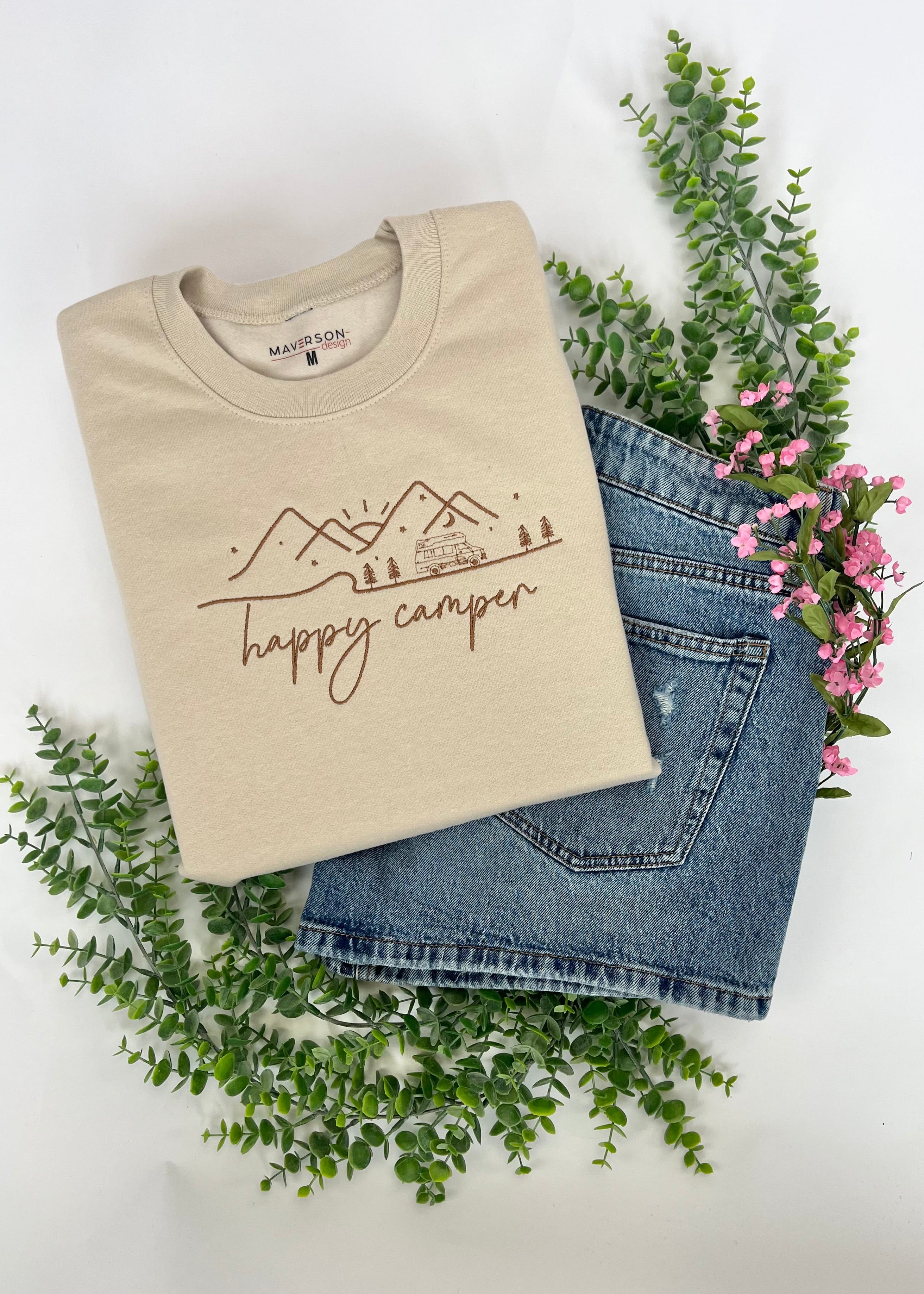 Happy Camper Embroidered crewneck sweatshirt tan, brown, boho