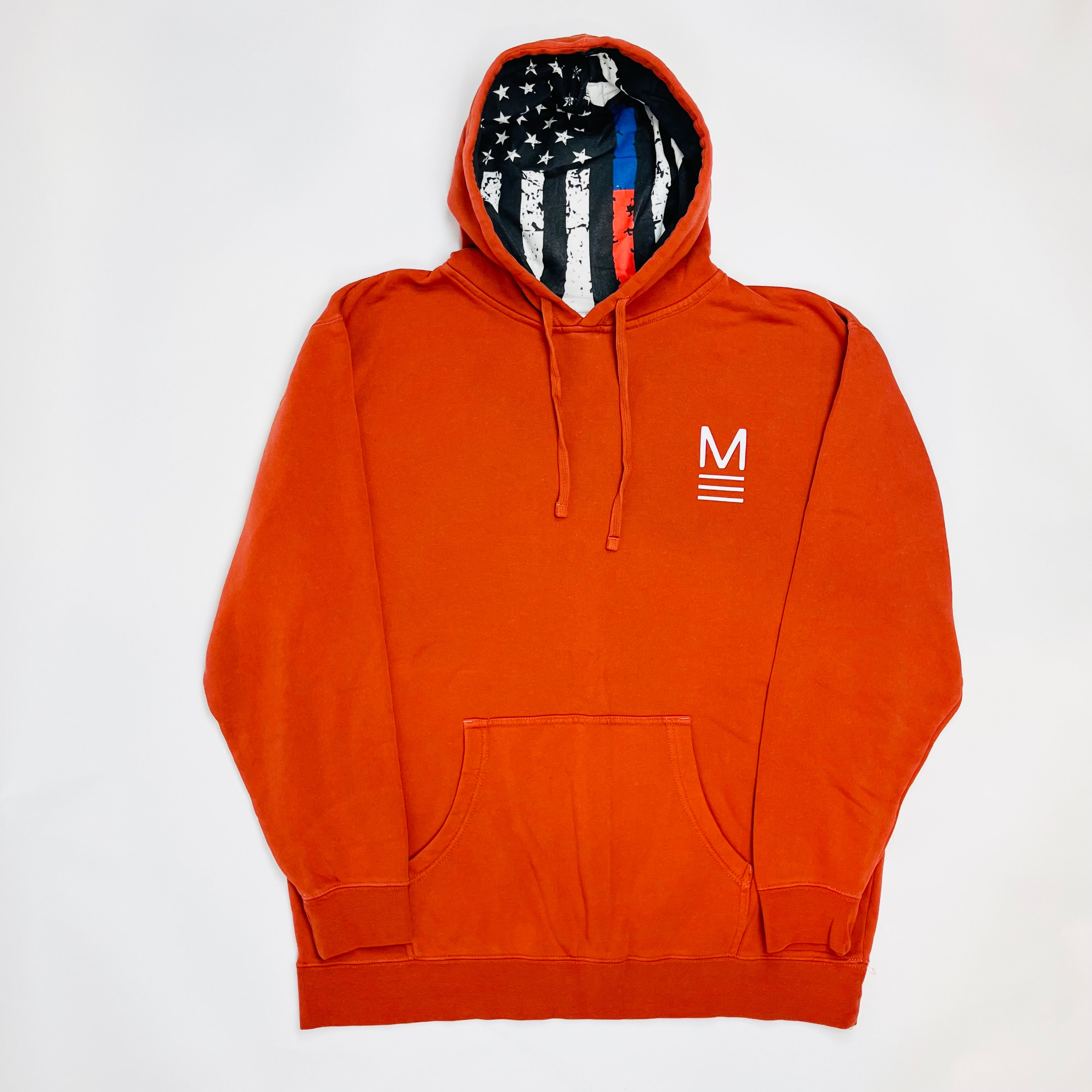 Red hoodie with a logo on a white background. Line of Duty patriotic hoodie with blue and red flag design