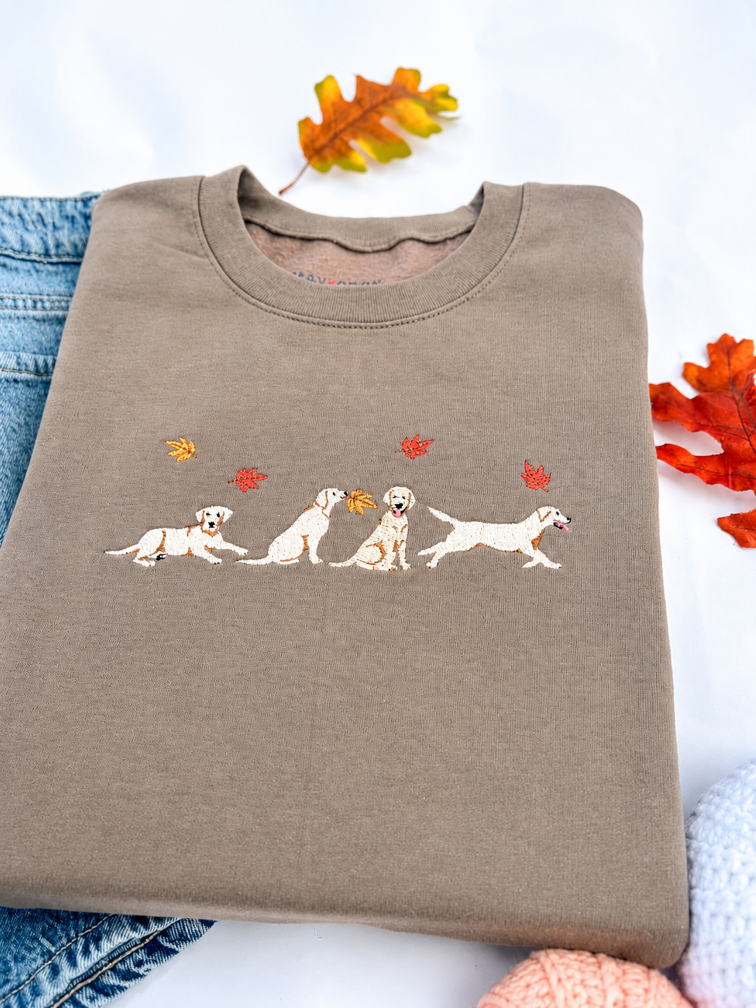 Folded brown sweatshirt with dog design and autumn leaves on a white background