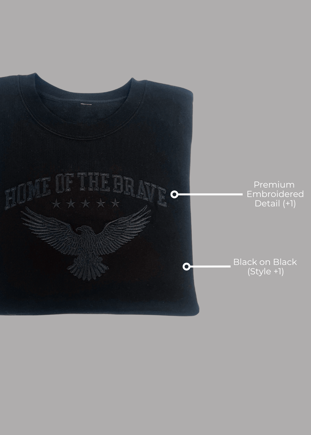 Black t-shirt with eagle design and text on a gray background home
of the brave