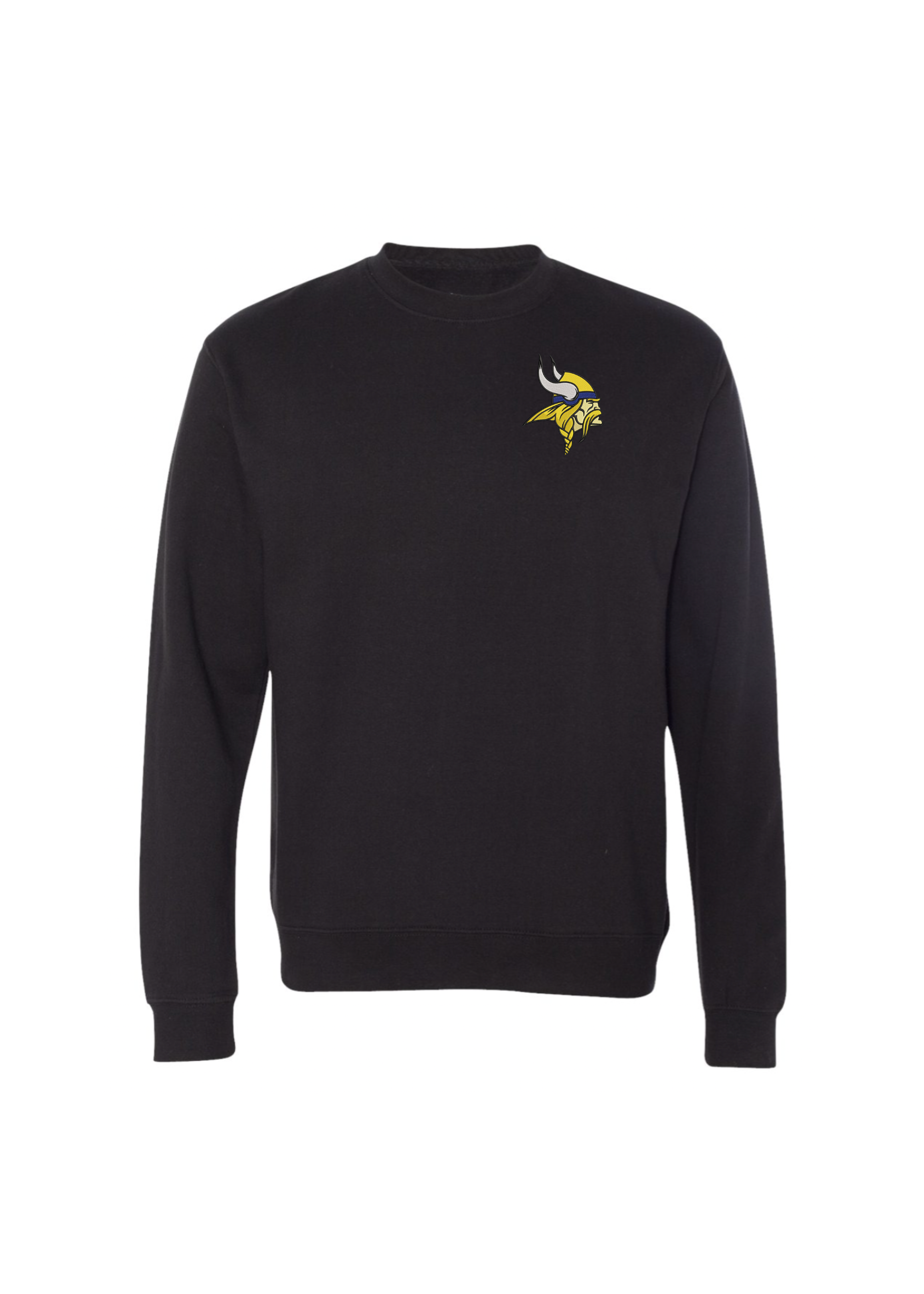 A black crewneck sweatshirt featuring a small embroidered Minnesota Vikings logo on the left chest, displayed against a solid white background.