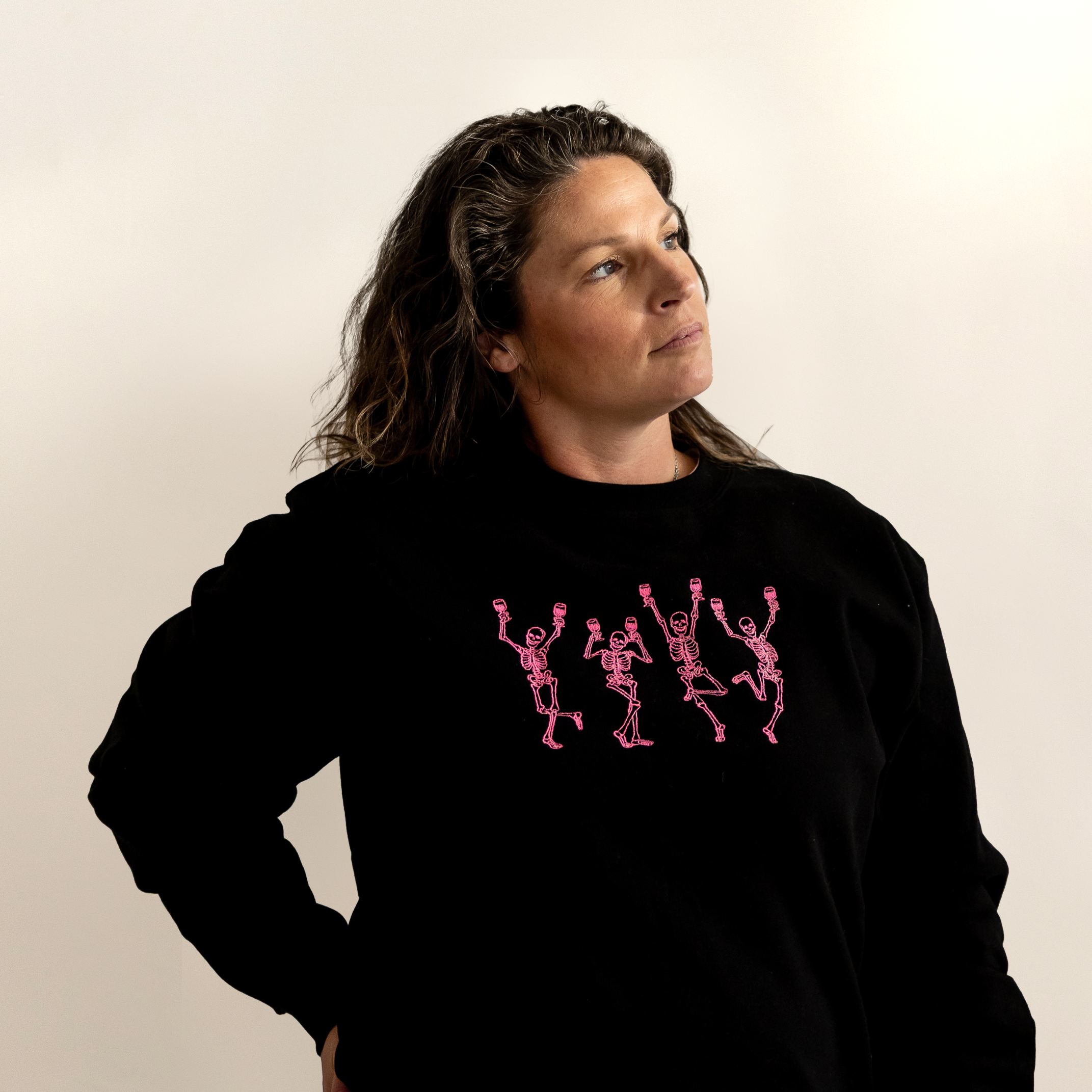 Wine & Bones | Pink Skeleton's | Embroidered Crewneck Sweatshirt