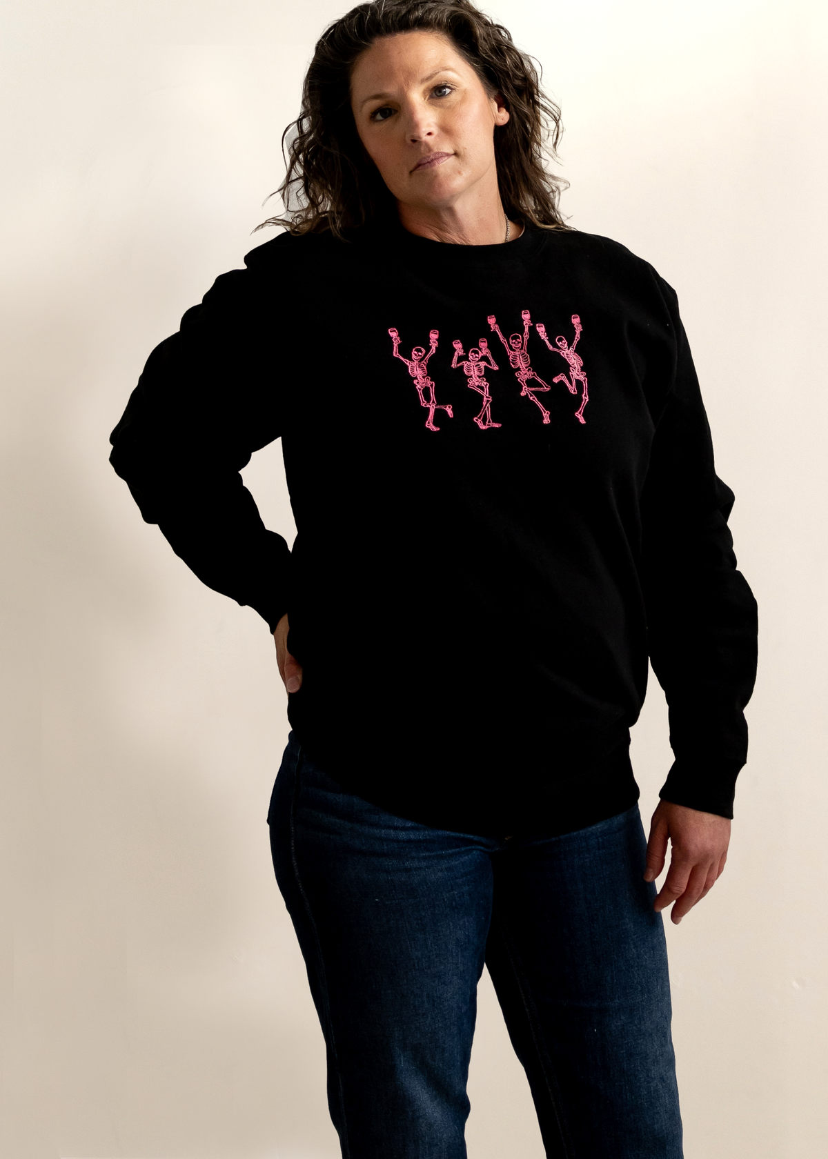 Wine & Bones | Pink Skeleton's | Embroidered Crewneck Sweatshirt