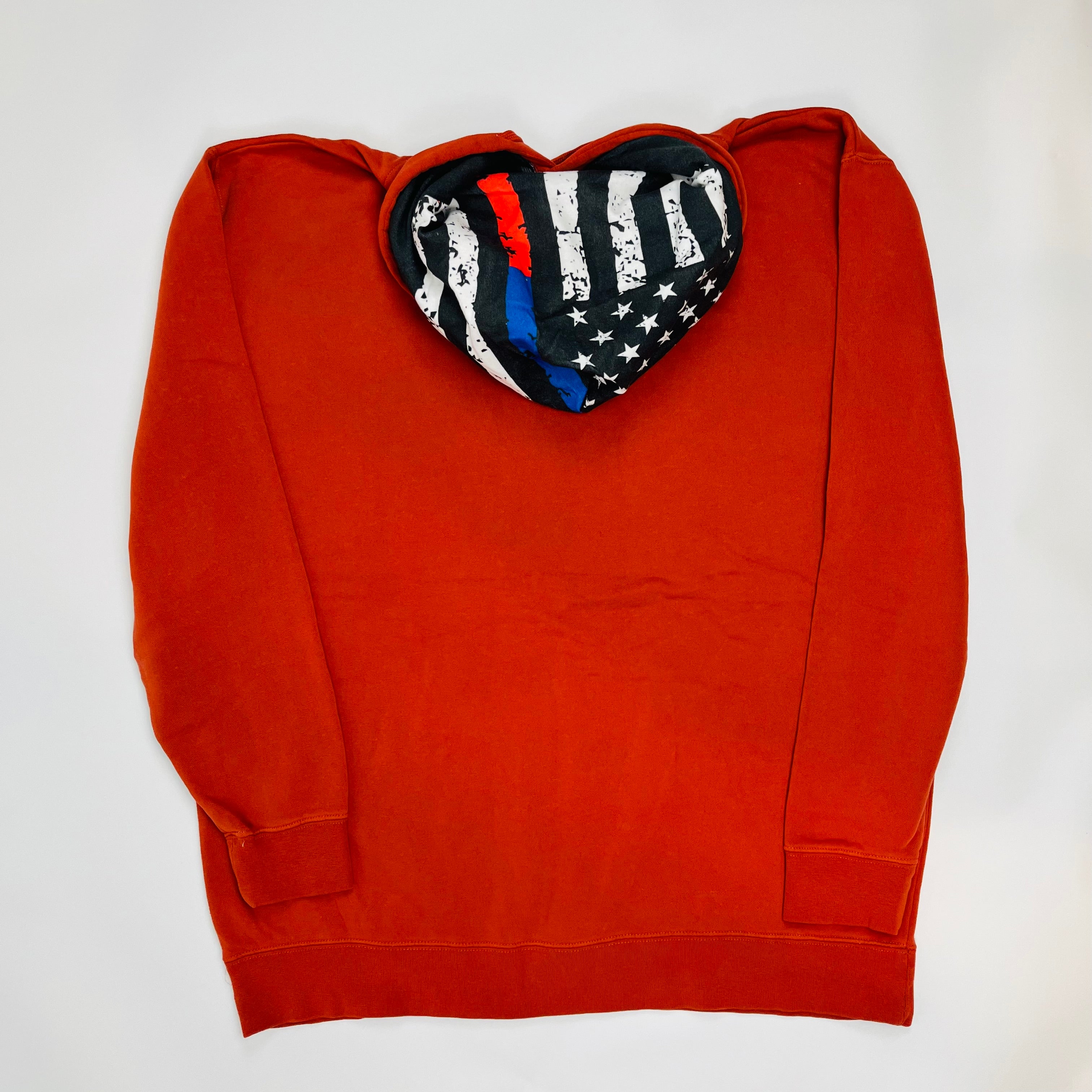 Orange hoodie with a heart-shaped American flag design on a white background. Line of Duty patriotic hoodie with blue and red flag design