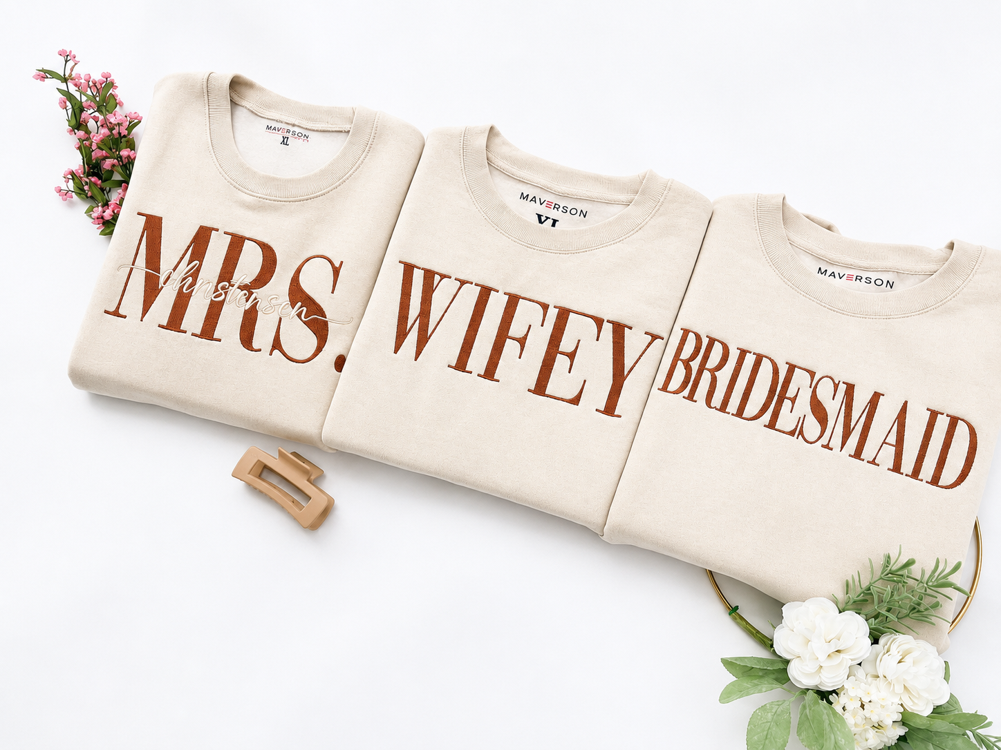 tan with dark brown thread color collection of wedding crewneck sweatshirts mrs wifey bridesmaid